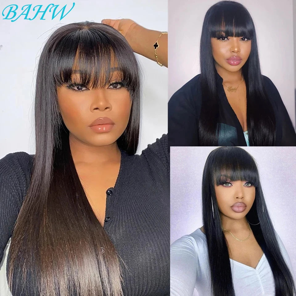 BAHW Peruvian Straight Full Machine Made Perruque with Bang Natural Color Human Hair Wig For Women Pre-Plucked Virgin Hair Wig