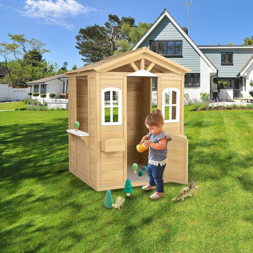 Outdoor Kids Wooden Playhouse Storage Toy Box with Operable Doors Windows Planter Rack Serving Station 39" x 38" x 55.5"