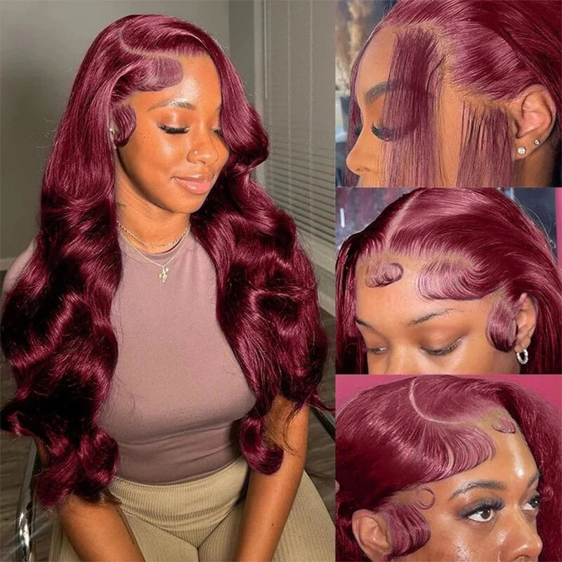 99J Burgundy 13X6 Body Wave Lace Front Wigs Human Hair 32 Inch Red Wine Colored 200 Density Lace Frontal Wig for Women Peruvian