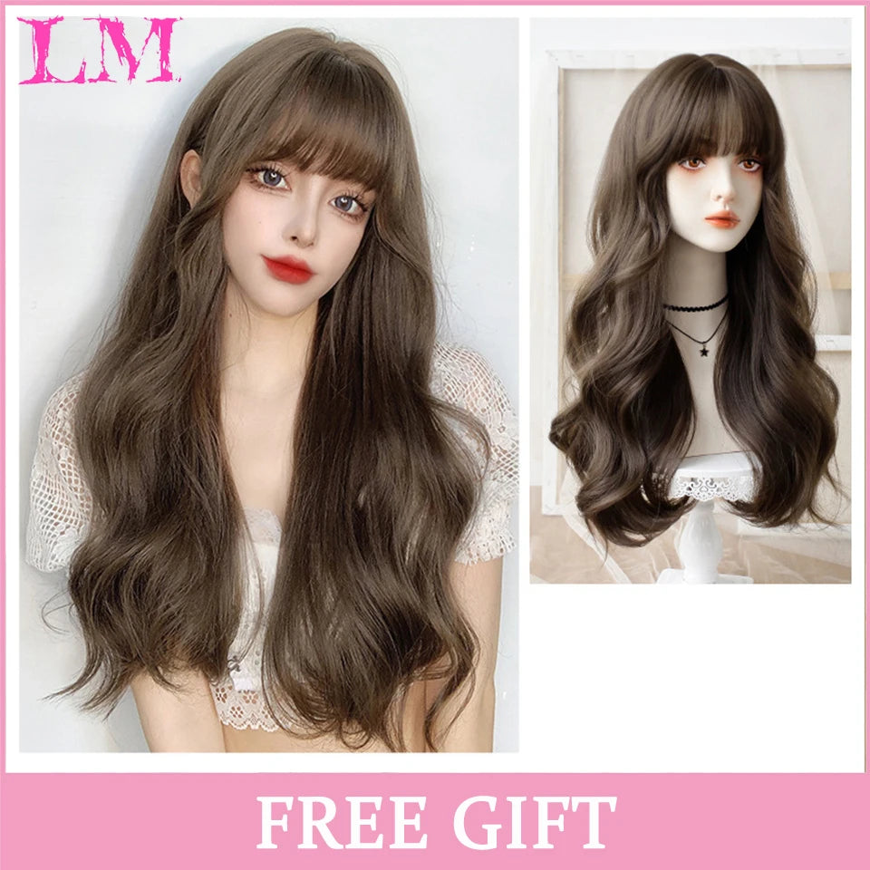 LM Cosplay Wig With Bangs Synthetic Straight Hair 24 Inch Long Heat-Resistant Pink Wig For Women