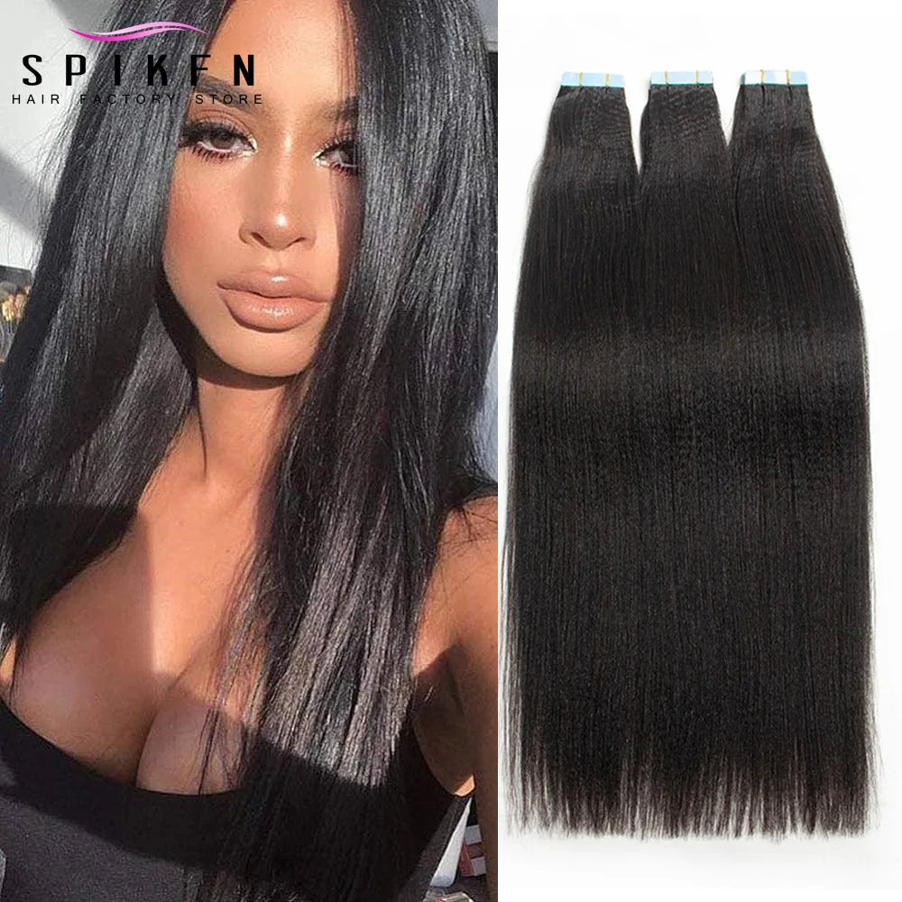 SPIKFN Light Yaki Tape In Human Hair Extensions 12-26 inches Natural Black PU Skin Weft Tape Extension 20pcs 1B Salon Quality