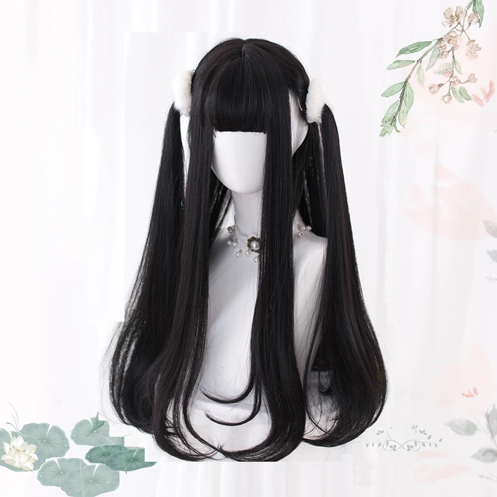 AS Long Straight Black Synthetic Wig For Woman With Bangs black Cosplay Lolita Wigs Heat Resistant Natural Hair