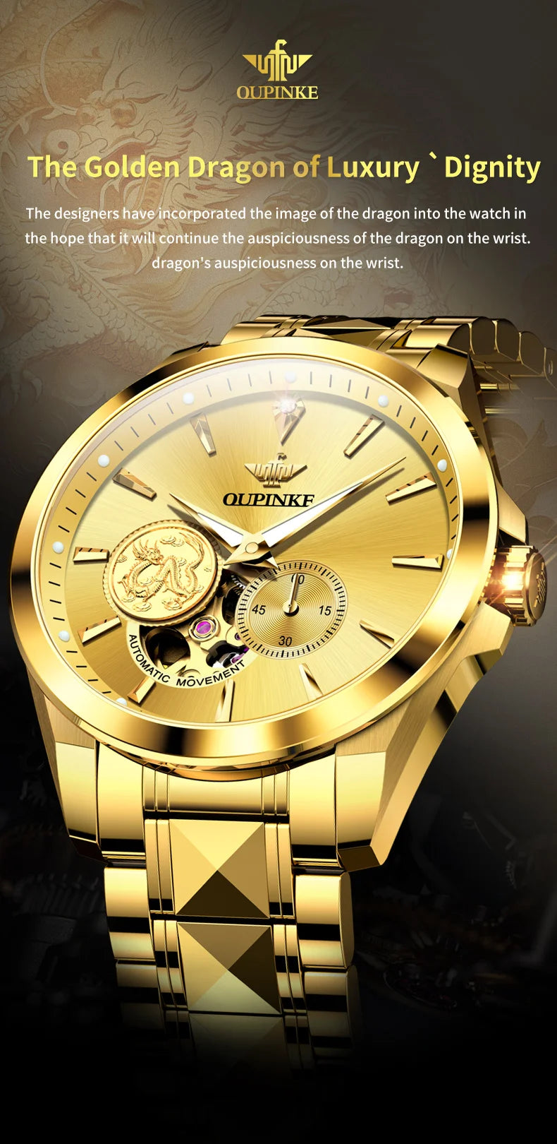 OUPINKE Luxury Top Brand Real Gold Dragon Watch Real Diamond Men's Chronograph Wristwatch Automatic Mechanical Luminous