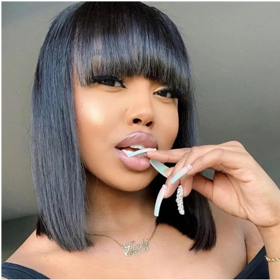 Peruvian Human Hair Wig with Bangs Virgin Straight Hair Bob Wigs Full Machine Made Wig For Women 8-16 Inches No Lace Bob Wigs