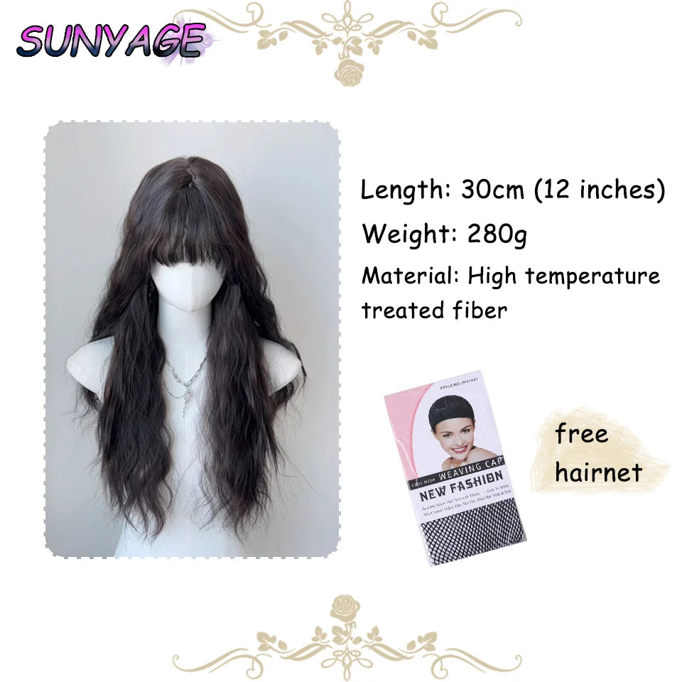 SUNYAGE Lolita Black Wig for Women Long Wavy Hair 75cm Curly Wig with Bangs Cosplay Headband Wigs Synthetic Wigs for Daily Use