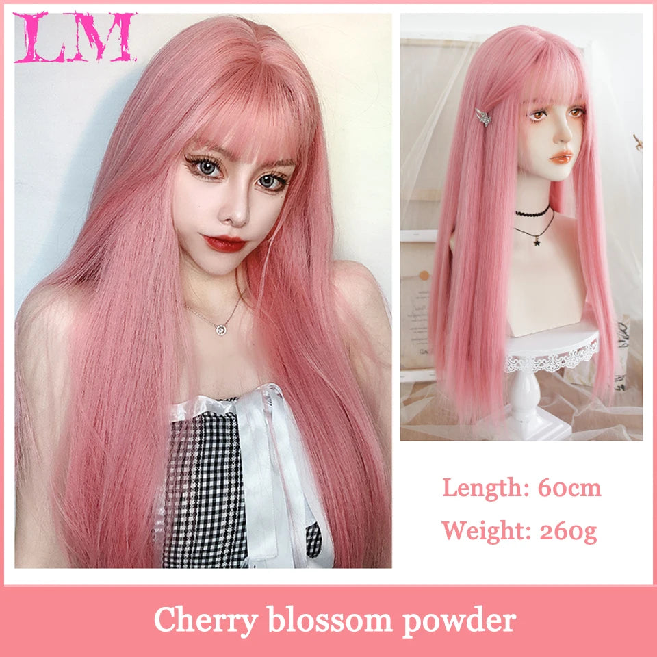 Pink Short Bob Straight Synthetic Wig with Bangs for Cosplay Lolita Fake Hair for White Women Party Natural Wig High Temperature