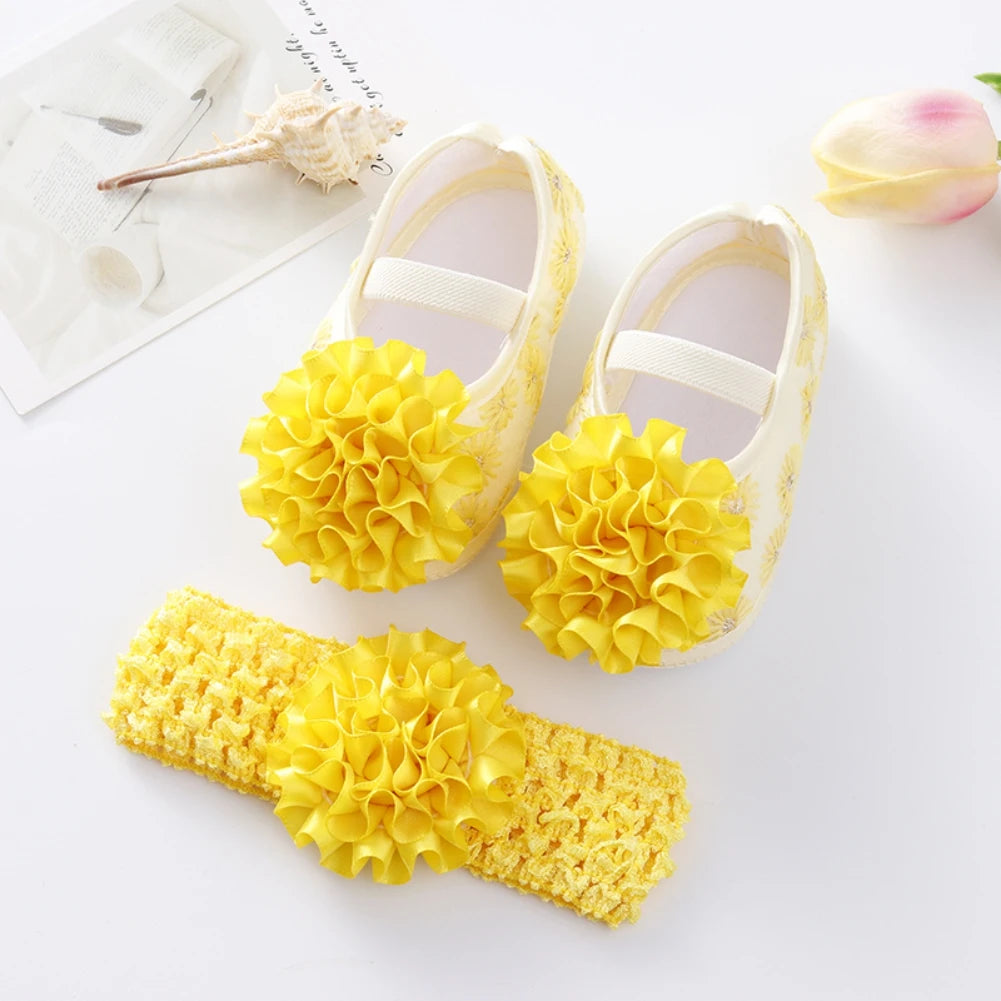 Newborn Baby Shoes Baptism Yellow Headband Baby Girl Lace Shoes Set Toddler Prewalker Cute Baby Soft Shoes for 0-12M Kids