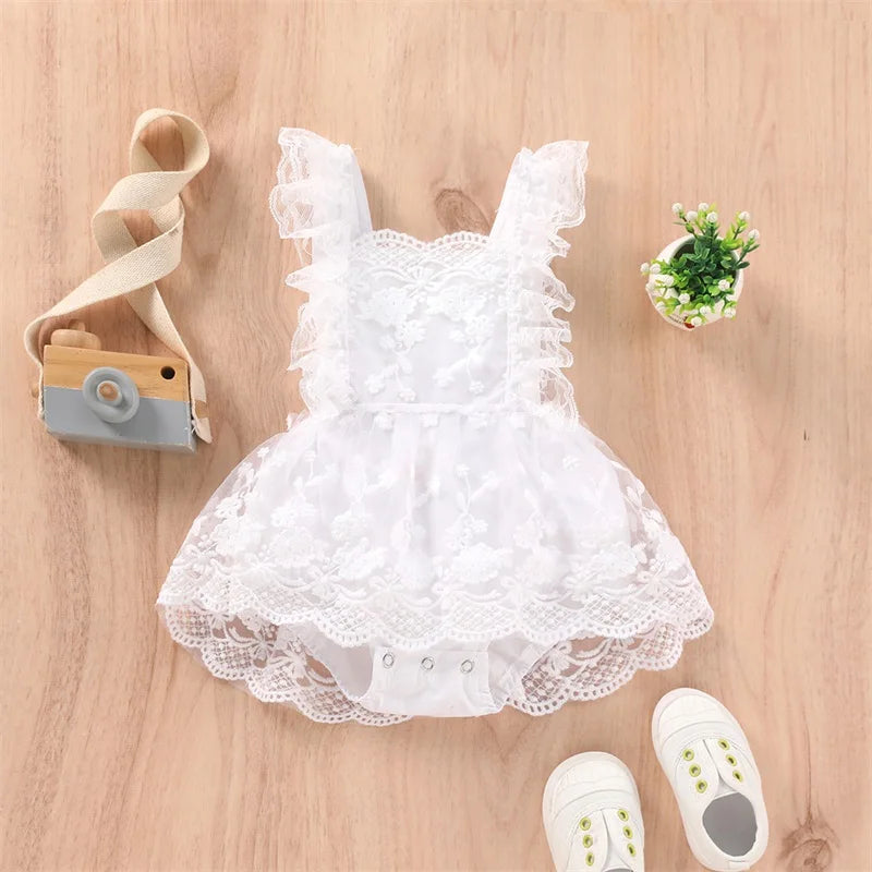 Baby Summer Clothing Newborn Baby Girl Solid Ruffle Fly Sleeve Lace Romper Jumpsuit Tutu Dress Outfits Clothes 0-24M