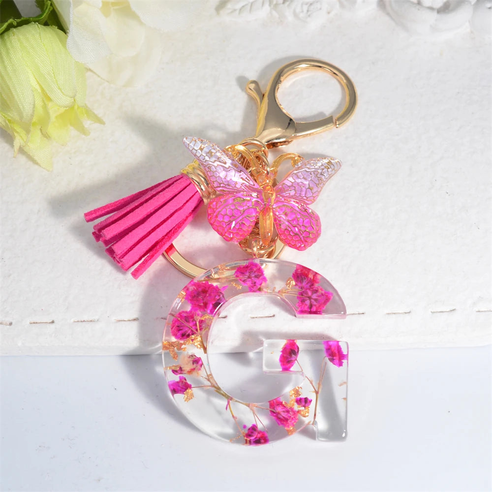 Exquisite Pink Dry Flower Resin 26 Initial Keychain Butterfly Tassel Pendant A to Z Keyring for Women Valentine's Day Gift