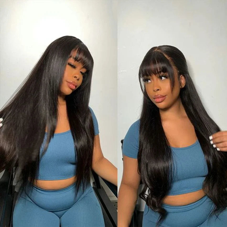 BAHW Peruvian Straight Full Machine Made Perruque with Bang Natural Color Human Hair Wig For Women Pre-Plucked Virgin Hair Wig