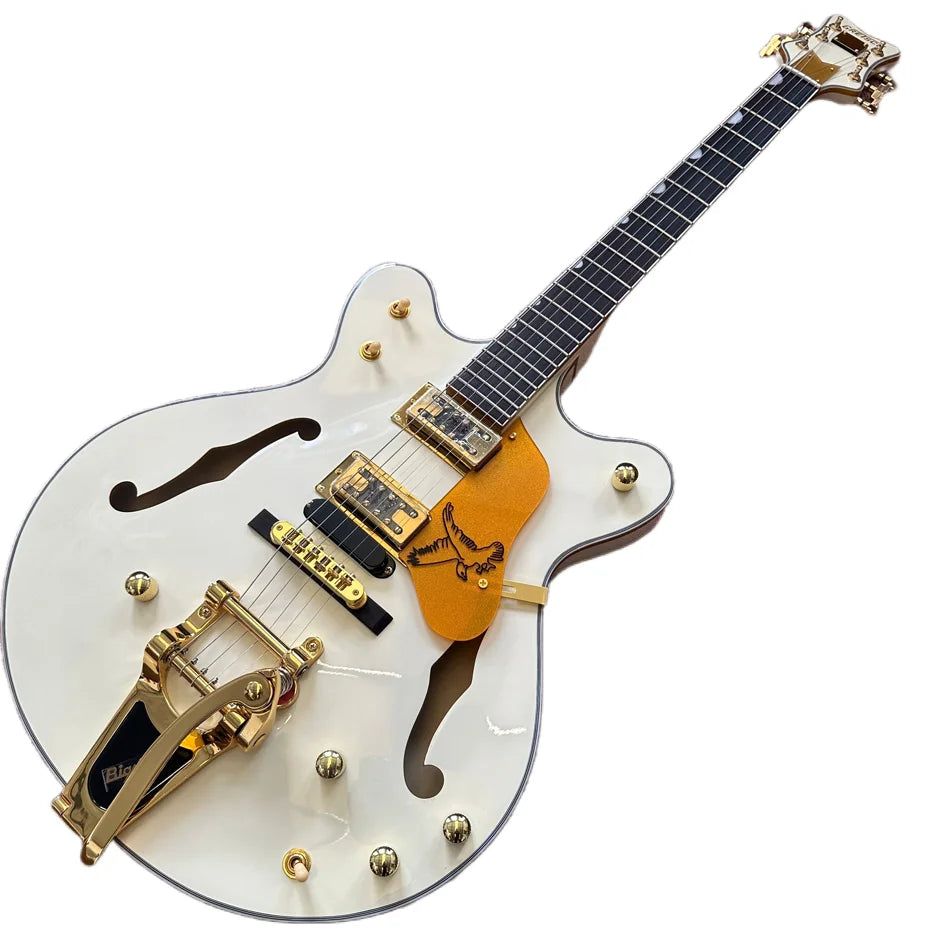 Milk-White Hollow Body Jazz Electric Guitar, Rosewood Fingerboard, Gold Hardware, Tremolo Bridge, Free Shipping