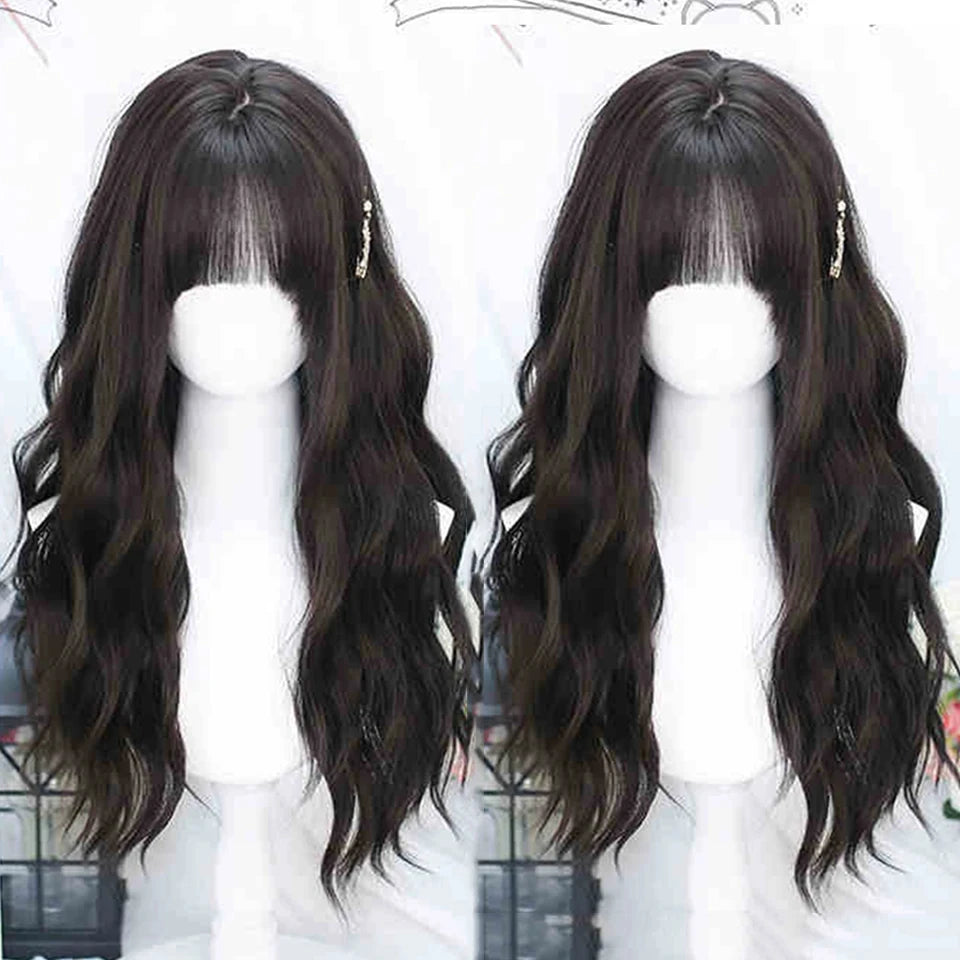 LM Long Body Wave Black And Gray Ombre Cosplay Wigs Heat Resistant Synthetic Wigs Bangs Natural Lolita Wigs For Women Halloween