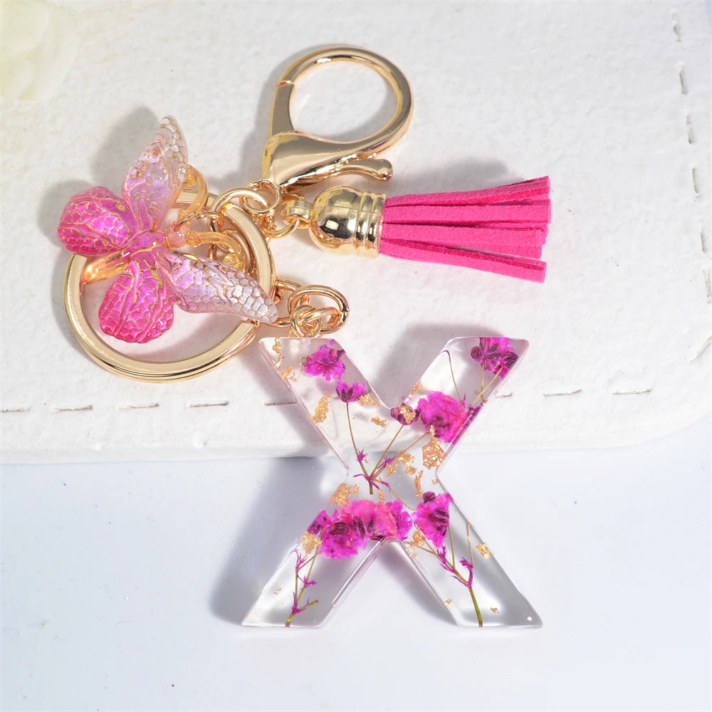 Exquisite Pink Dry Flower Resin 26 Initial Keychain Butterfly Tassel Pendant A to Z Keyring for Women Valentine's Day Gift