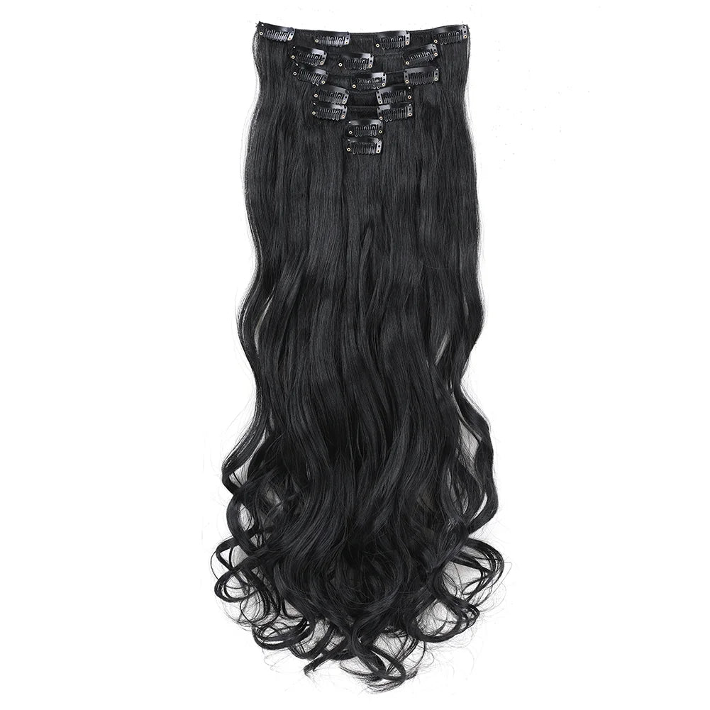 22Inch Long Body Wave Clip in Hair Extension Hairstyle 16 Clips 7Pcs/Set Synthetic Black Brown Hairpieces For Women