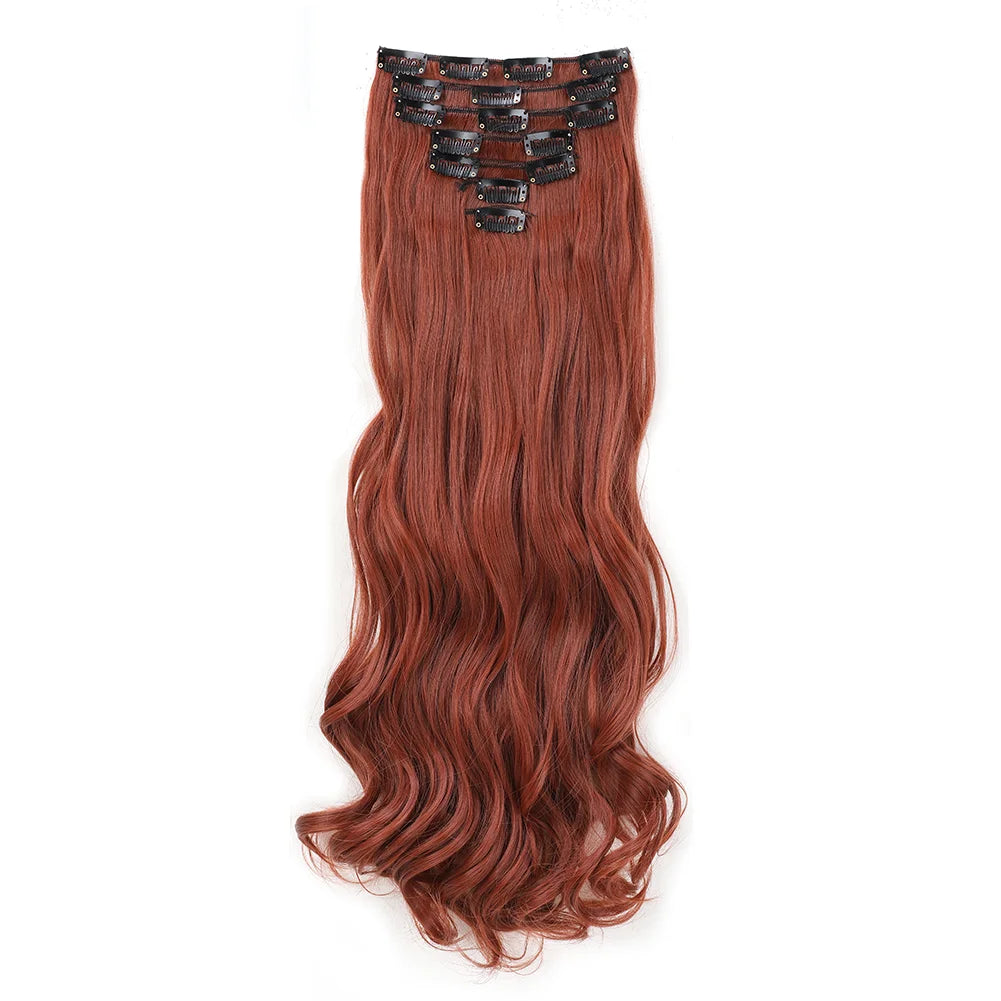 22Inch Long Body Wave Clip in Hair Extension Hairstyle 16 Clips 7Pcs/Set Synthetic Black Brown Hairpieces For Women