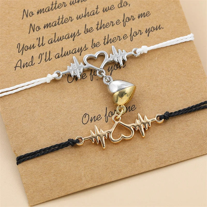 2 PC Magnetic Heart Bracelet Set for Women Couple Electrocardiogram ECG Rope Chain Friendship Valentine's Day Jewelry Charm Gift