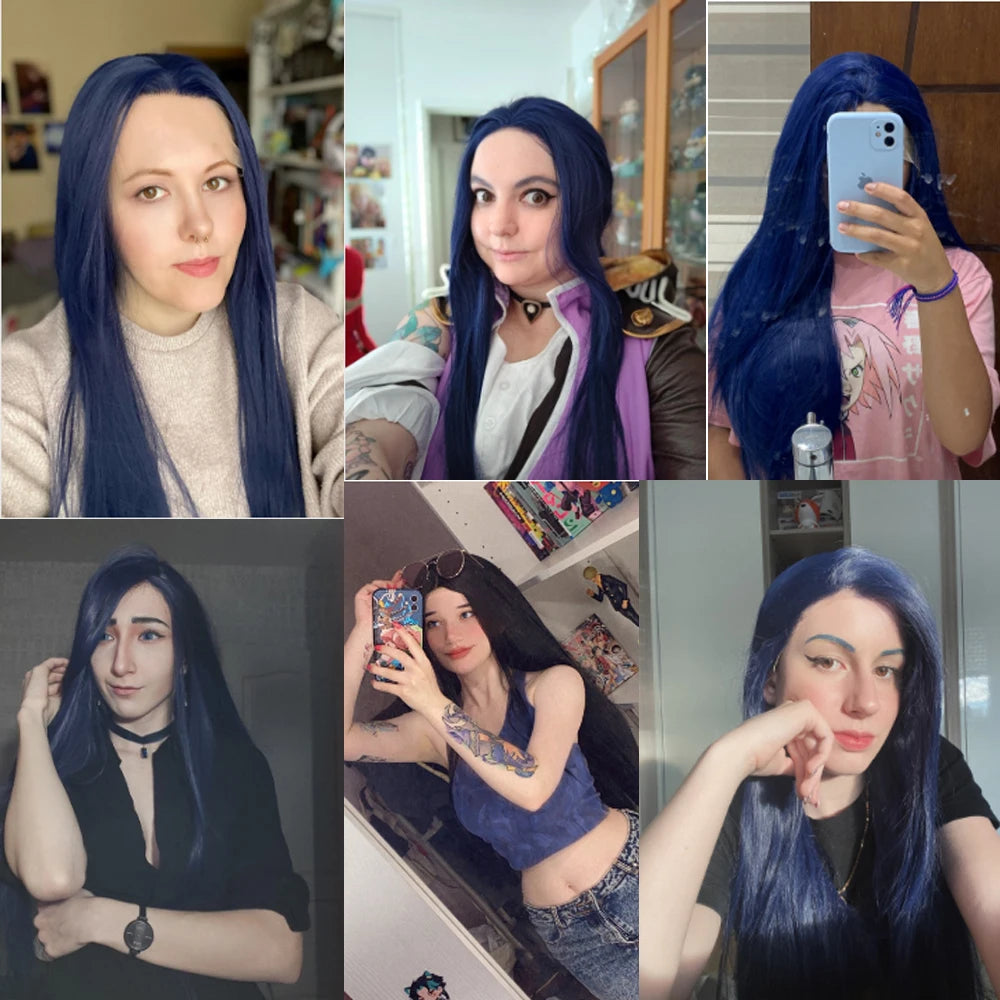 Voguequeen Dark Blue Synthetic T Lace Front Wig Yellow Green Color Wigs Heat Resistant Fiber Daily Wearing For Women