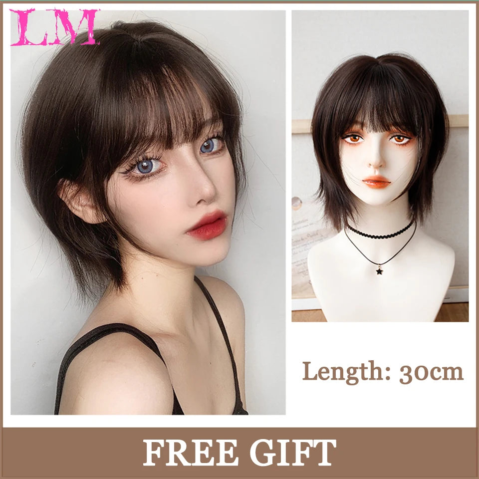 Pink Short Bob Straight Synthetic Wig with Bangs for Cosplay Lolita Fake Hair for White Women Party Natural Wig High Temperature