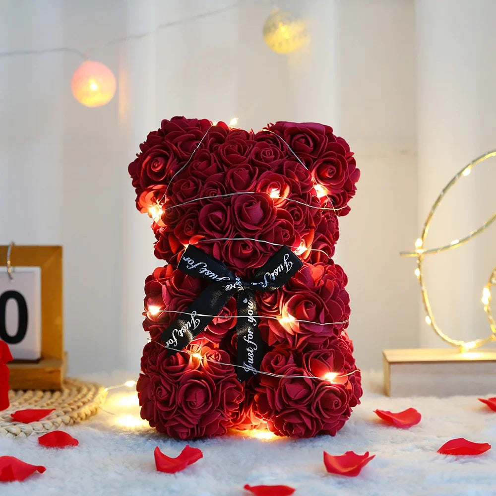 25cm Artificial Teddy Rose Flower Bear with Box Romantic Valentines Day Gift Girlfriend Women Anniversary Wedding Party Supplies