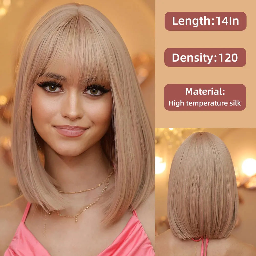 Honey Brown Hair Color With Bangs Bob Woman's Wig Novice Friendly Everyday Wearable Synthetic Wig Resistant To Heat