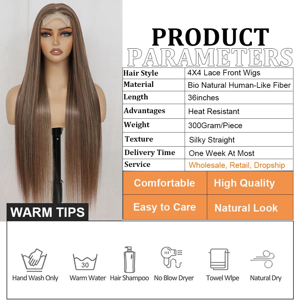 Straight Synthetic 4X4 Lace Front Wigs 36" Bio Heat Resistant Fiber Pre Plucked Transparent Swiss Lace Straight Lace Front Wigs