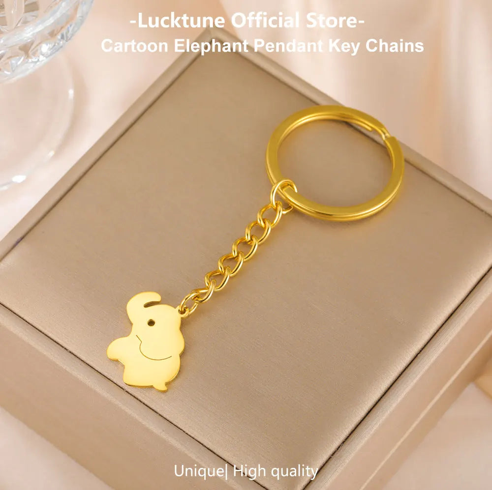 Lucktune Cartoon Elephant Pendant Key Chains for Women Men Stainless Steel Animal Bags Car Keyring Jewelry Valentine’s Day Gifts