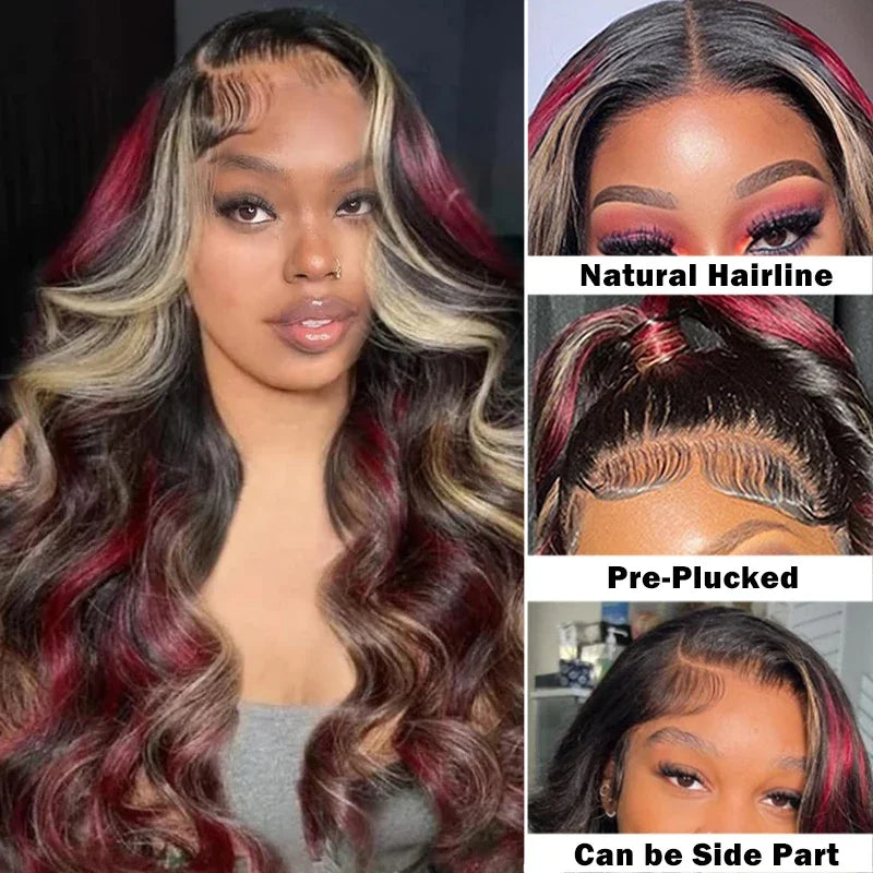 Black Red Blonde Burgundy Highlight Body Wave Synthetic Lace Wigs For Women 13X4 HD Lace Front Wigs Pre Plucked with Baby Hair