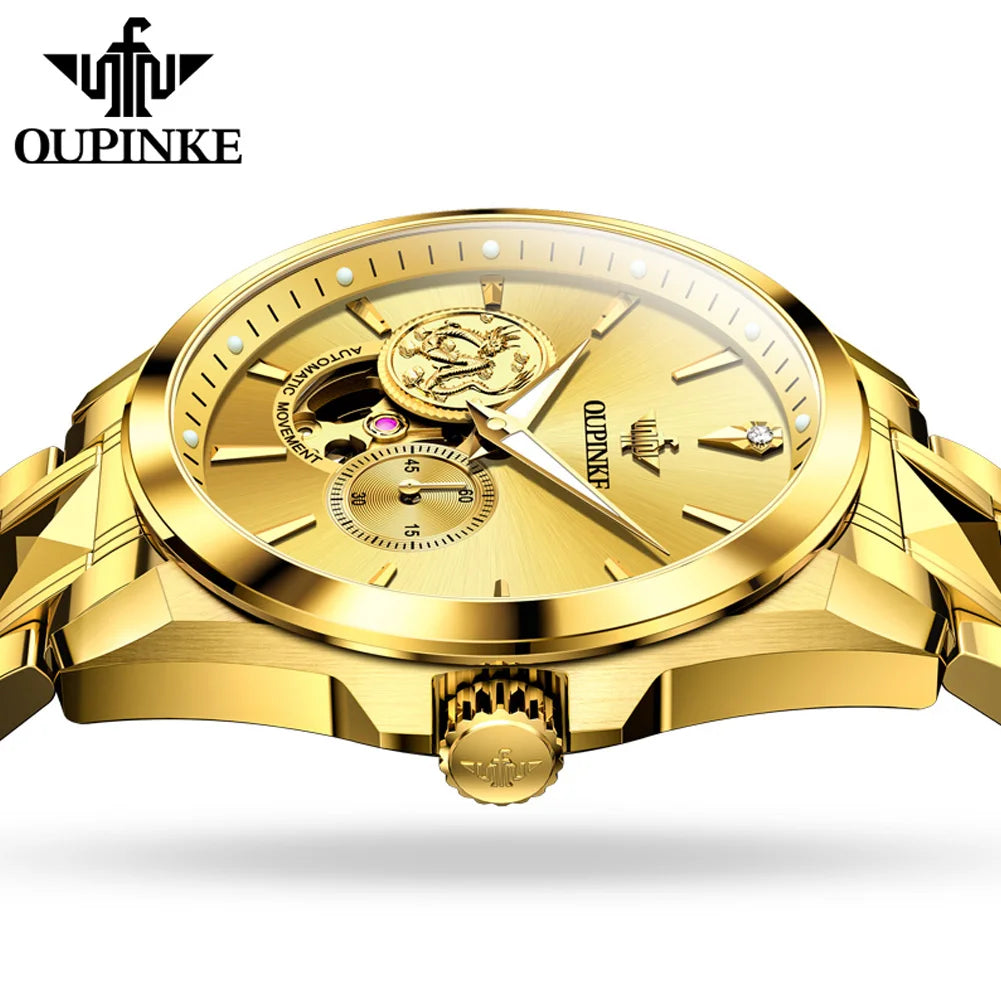 OUPINKE Luxury Top Brand Real Gold Dragon Watch Real Diamond Men's Chronograph Wristwatch Automatic Mechanical Luminous