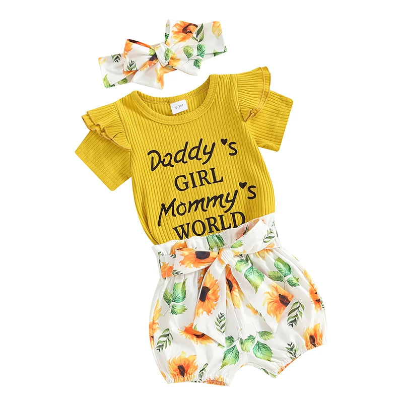 Newborn Baby Girls Outfit Daddy s Girl Mommy s World Print Short Sleeve Romper Jumpsuit Bodysuit Tops Floral Shorts