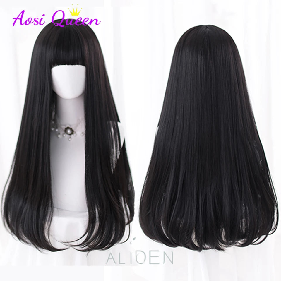 AS Long Straight Black Synthetic Wig For Woman With Bangs black Cosplay Lolita Wigs Heat Resistant Natural Hair