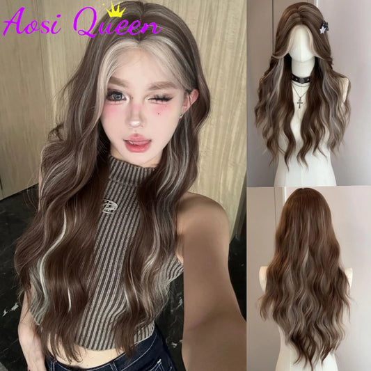 AosiQueen Brown Blonde Long Wavy Synthetic Wigs Middle Part Natural Wig Heat Resistant Cosplay Party Daily Hair Wig for Women