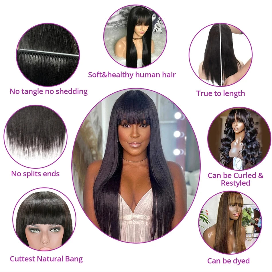 3X1 Middle Part Lace Wig Bone Straight Human Hair Wig With Bangs Brazilian Full Machine Made 100% Human Hair Wigs For Women