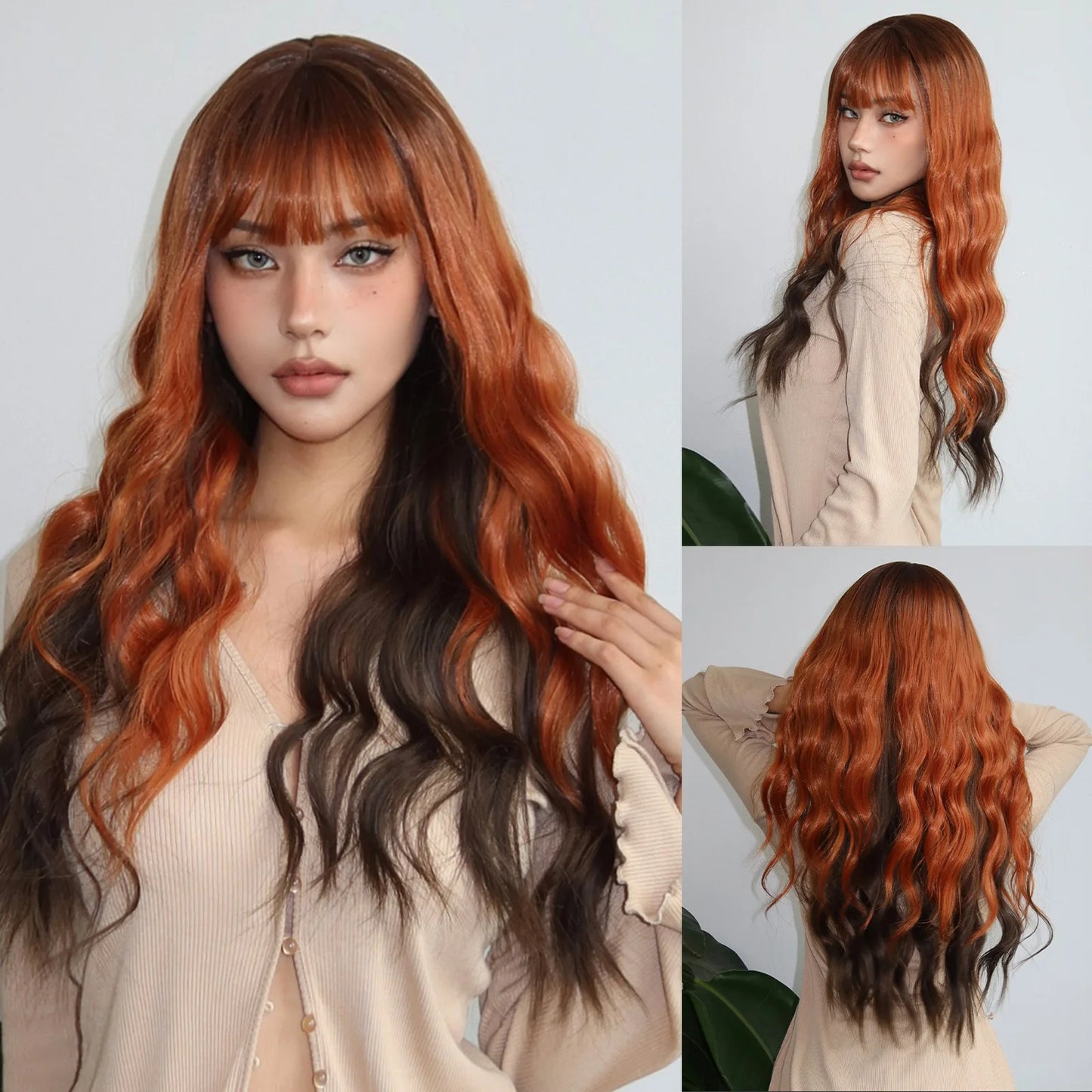 Long Wavy Layered Synthetic Wigs for Women Brown Highlights Wigs With Side Bangs Natural Hair Daily Party Heat Resistant Wig