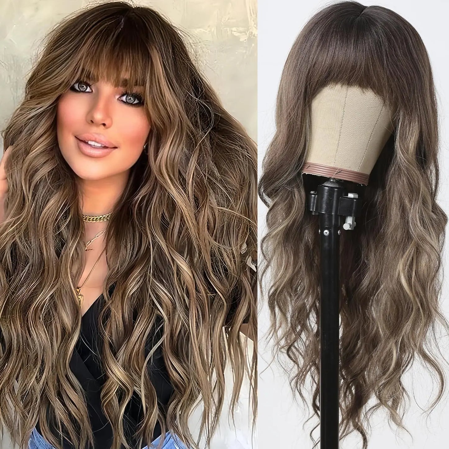 Long Wavy Layered Synthetic Wigs for Women Brown Highlights Wigs With Side Bangs Natural Hair Daily Party Heat Resistant Wig