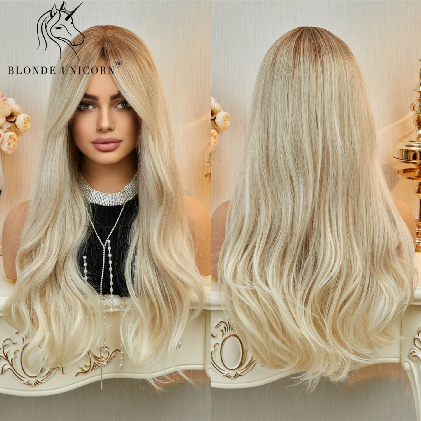 Blonde Unicorn Synthet Wig Long Wavy Mixed Brown Blonde for White Black Women Daily Party High Density Temperature Fibre Hair