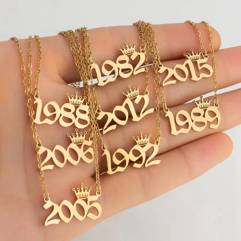 Fashion Gold Color Year Necklace for Women Charm Stainless Steel Crown Pendant Chain Choker Birthday Party Friends Jewelry Gift