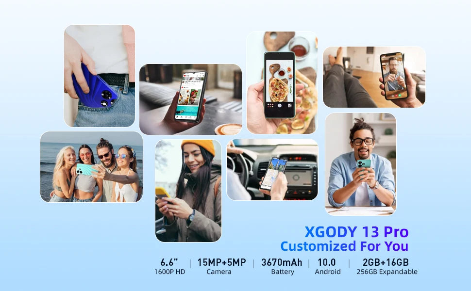 2025 XGODY 13 Pro,Smartphone Android,6.6 Inch,2+16GB ROM,3670mAh Battrey,Cell Phone,Google Play Store,5+15MP,2 SIM Mobile Phones