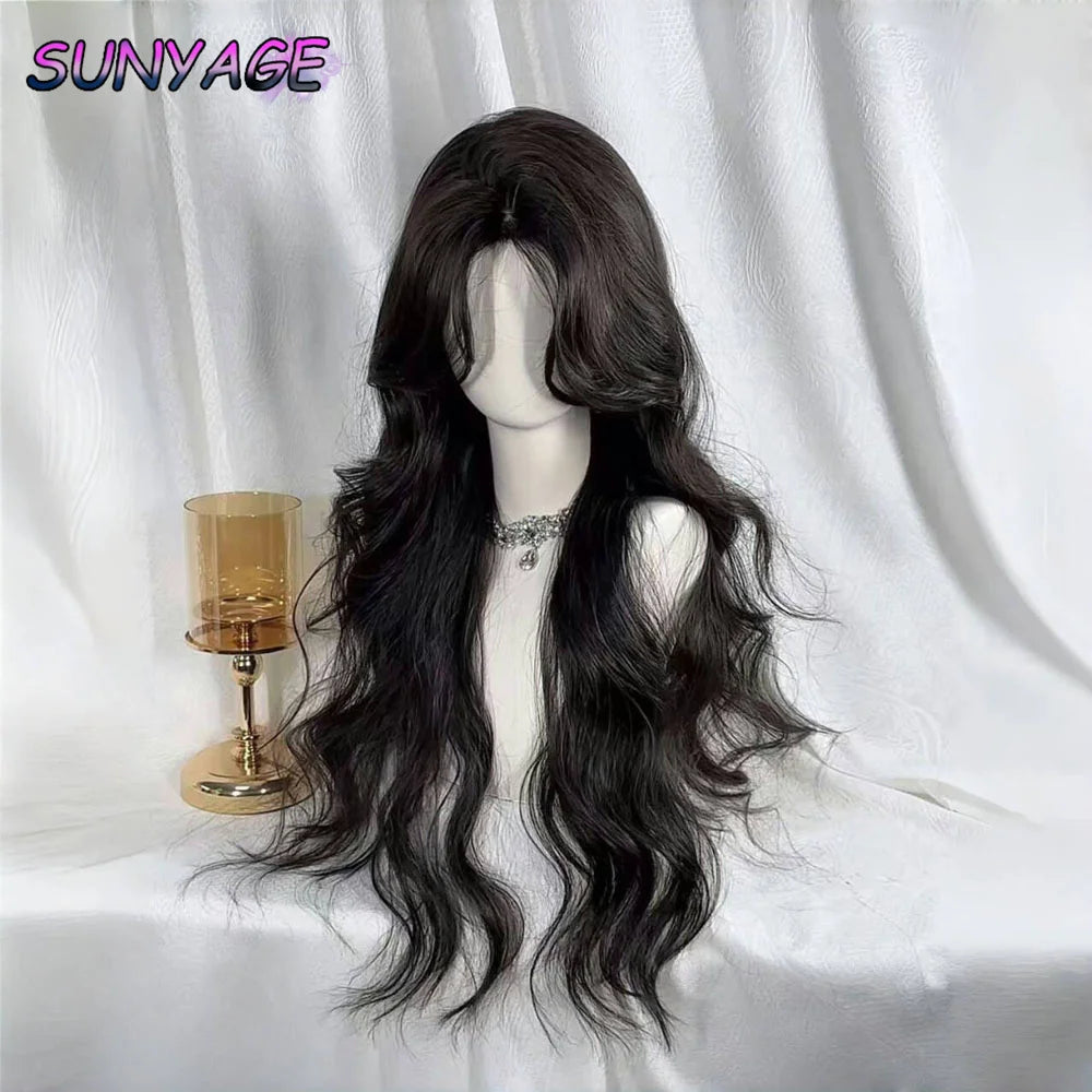 SUNYAGE Lolita Black Wig for Women Long Wavy Hair 75cm Curly Wig with Bangs Cosplay Headband Wigs Synthetic Wigs for Daily Use