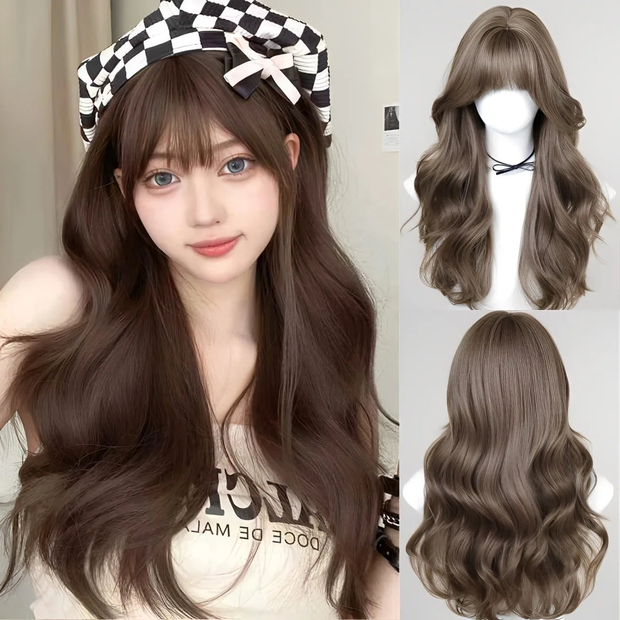 LM Long Body Wave Black And Gray Ombre Cosplay Wigs Heat Resistant Synthetic Wigs Bangs Natural Lolita Wigs For Women Halloween