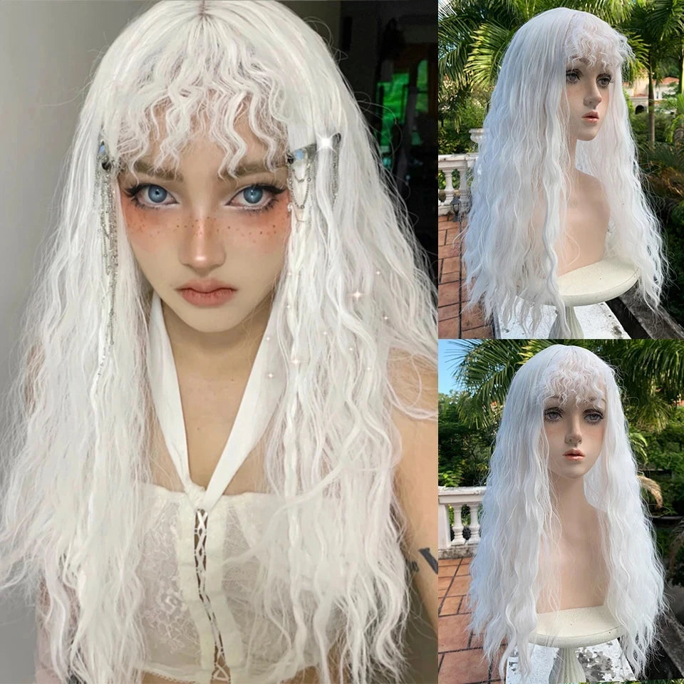 LM Long Body Wave Black And Gray Ombre Cosplay Wigs Heat Resistant Synthetic Wigs Bangs Natural Lolita Wigs For Women Halloween