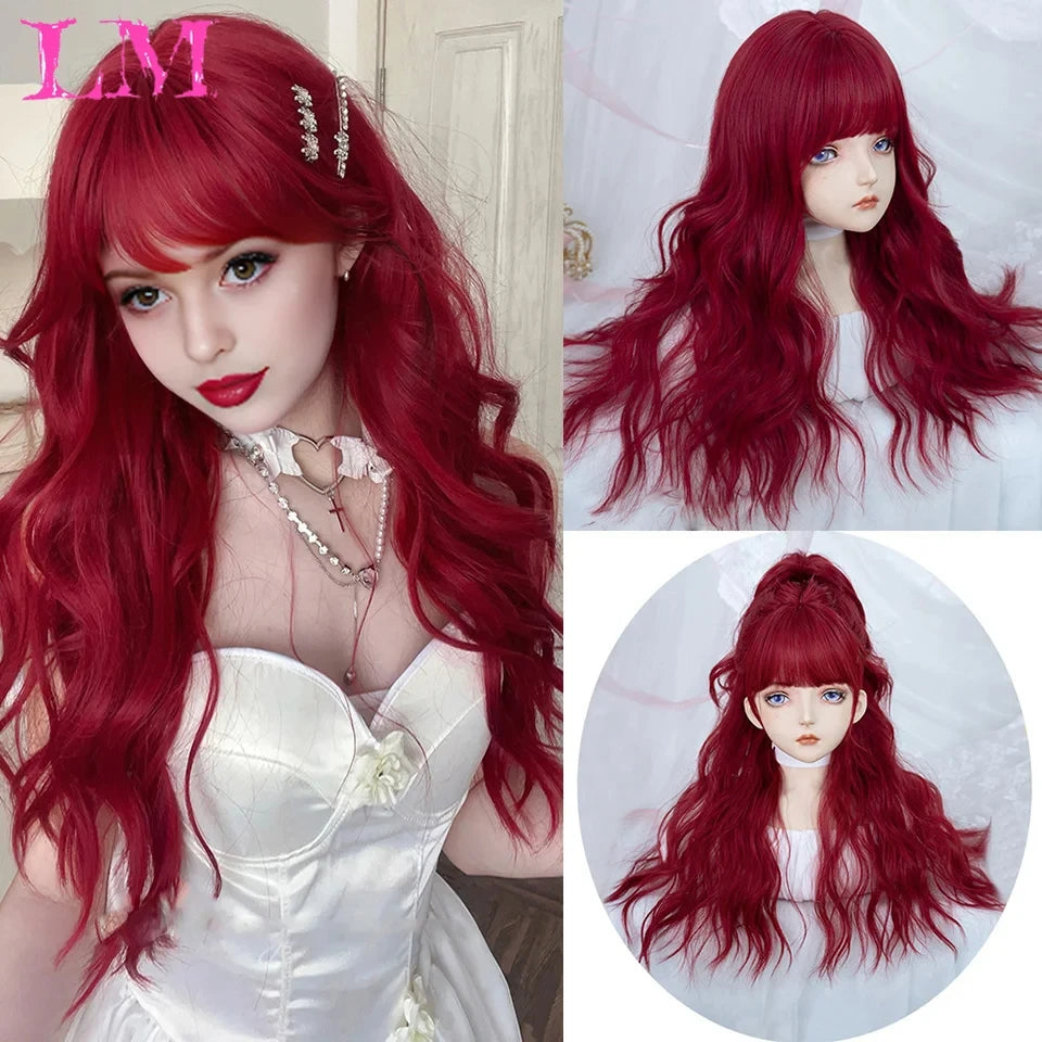 LM Cosplay Wig With Bangs Synthetic Straight Hair 24 Inch Long Heat-Resistant Pink Wig For Women