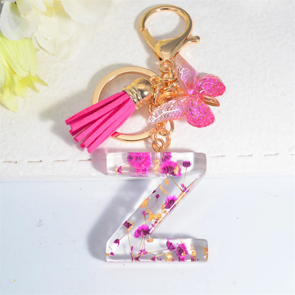 Exquisite Pink Dry Flower Resin 26 Initial Keychain Butterfly Tassel Pendant A to Z Keyring for Women Valentine's Day Gift