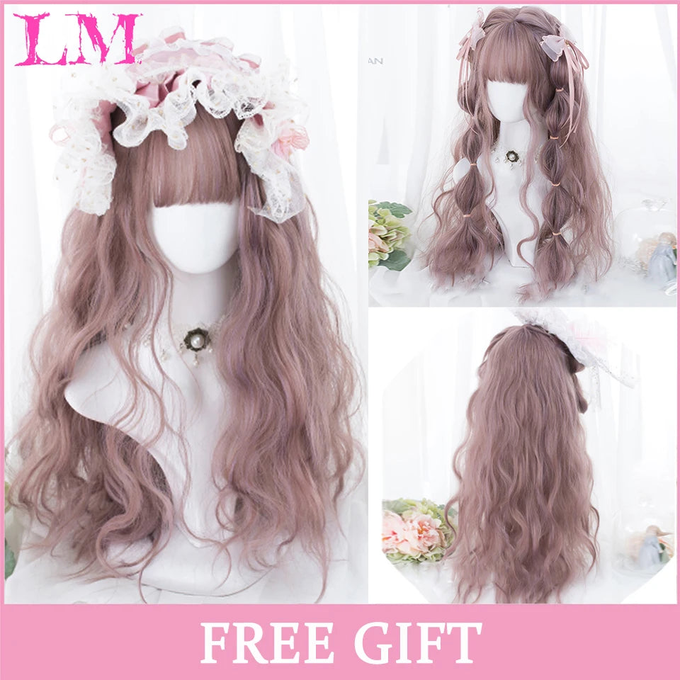 Pink Short Bob Straight Synthetic Wig with Bangs for Cosplay Lolita Fake Hair for White Women Party Natural Wig High Temperature