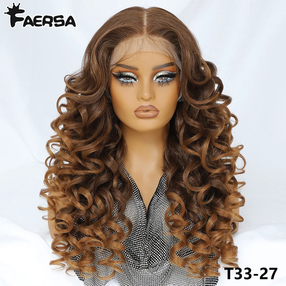 Latisha 13X6 HD Synthetic Lace Front Wigs Curly Pre Plucked Lace Frontal Wig with Bangs for Women Highlight with Babyhair 24Inch