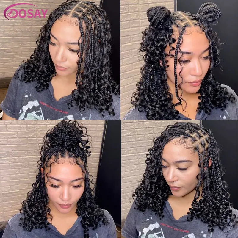 Short 12 Inch Bohemian Curly Braided Full Lace Front Wigs Knotless Box Braid Bob Wig Women Synthetic Locs Goddess Cornrow Braids