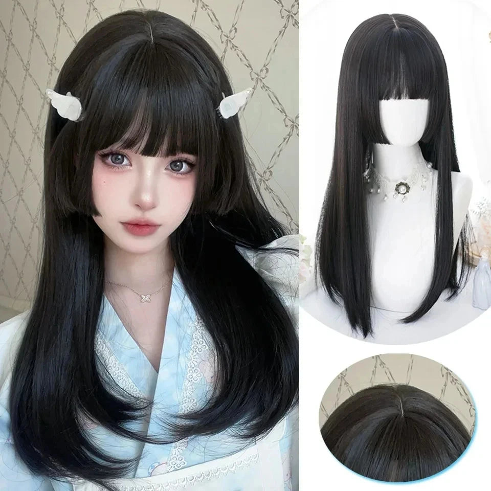 LM Long Body Wave Black And Gray Ombre Cosplay Wigs Heat Resistant Synthetic Wigs Bangs Natural Lolita Wigs For Women Halloween