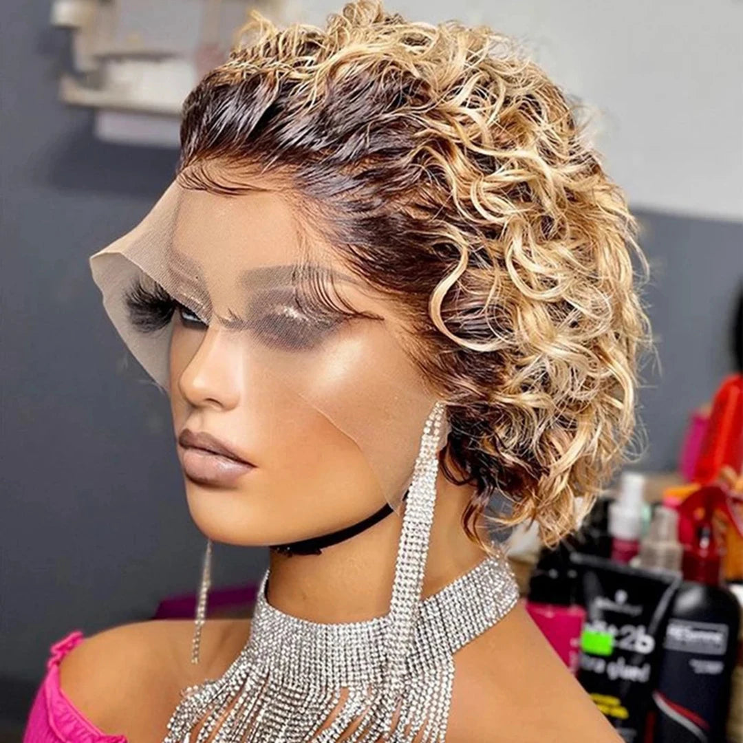 99J Burgundy Highlight Honey Colored Short Curly Pixie Cut Lace Wig Pre plucked Bob Wig 13x2 Lace Front Curly Human Hair Wigs