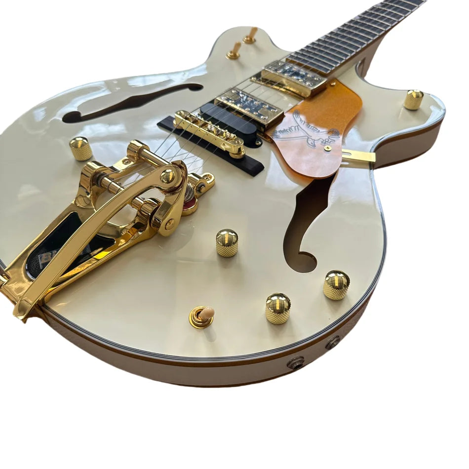 Milk-White Hollow Body Jazz Electric Guitar, Rosewood Fingerboard, Gold Hardware, Tremolo Bridge, Free Shipping