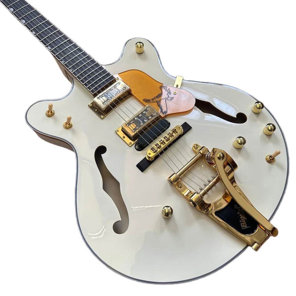 Milk-White Hollow Body Jazz Electric Guitar, Rosewood Fingerboard, Gold Hardware, Tremolo Bridge, Free Shipping