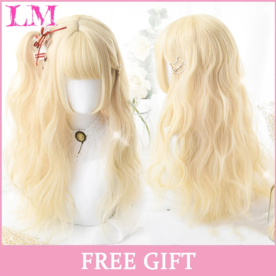 LM Cosplay Wig With Bangs Synthetic Straight Hair 24 Inch Long Heat-Resistant Pink Wig For Women